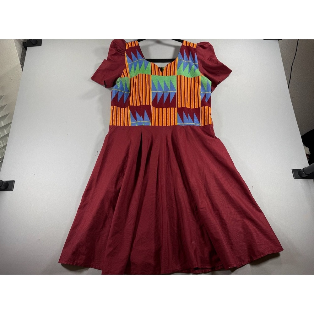 Veritable Real Wax Hollandais African Print Short Sleeve Dress Burgundy Autumn w